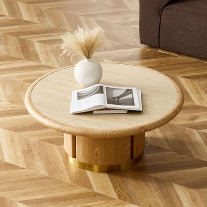 35.43'' Round Coffee Table with Sintered Stone Tabletop for Living Room, Modern Circle Wood Pedestal Coffee Table with Brushed Stainless Steel, Easy Assembly, Natural - color: Ø35.43'' -Natural