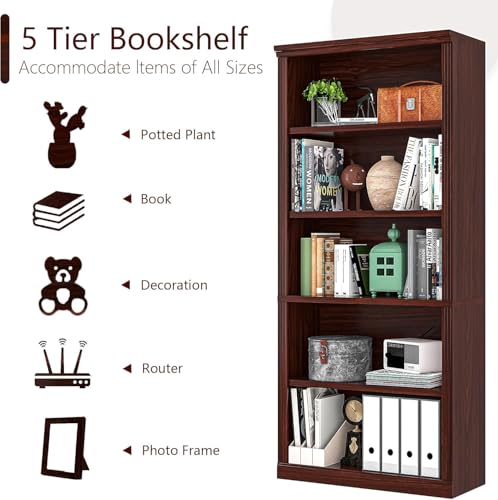 5- Shelf Bookcase, Wood Book Shelf with Bookshelves | Zhiseek Tall Bookshelf, 30.7"W x 12.8"D x 68.4"H, Cherry, Living Room, Library, Office - color: Cherry, size: 5-Tier