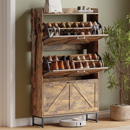 Xixini Shoe Storage Cabinet with 3 Flip Drawers, Entryway Shoe Rack, Brown | Narrow Slim Shoe Storage, Freestanding Hidden Wood Shoe Organizer, Modern Farmhouse, Open Storage & Hooks for Closet, Hallway - color: Brown, size: 3 Flip Drawers