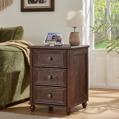 RWYHG 18" Night Stand with Charger Station, Nightstand with 3 Drawers | Farmhouse Modern Bedside Table, Metal Handle, Roman Column Legs, Walnut Bed Side End Tables for Bedroom Living Room - color: Walnut, size: 18"D x 18"W x 24"H (3 Drawers)