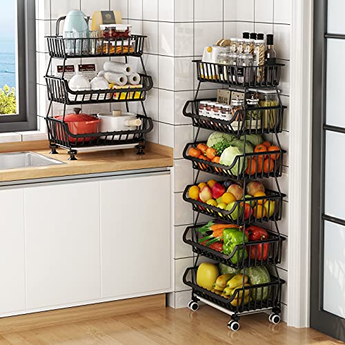 Metal Wire Baskets with Wheels, Stackable Storage Bins Kitchen Organizer Shelf 3-4-5-6 Tier Fruit Vegetable Cart Dishes Seasonal Rack Shelves for Garage, Pantry, Bathroom - size: 6 Tier without Slide Drawer