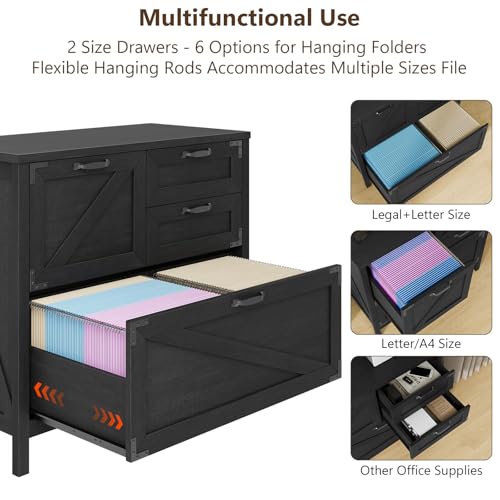 Halitaa Lateral File Cabinet with 4 Drawers, Farmhouse File Cabinet for Letter/Legal/A4 Size Hanging Files, Large Wood File Storage Cabinets Printer Stand for Home Office Cabinets, Black