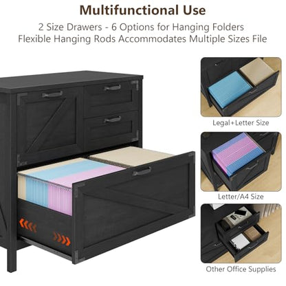 Halitaa Lateral File Cabinet with 4 Drawers, Farmhouse File Cabinet for Letter/Legal/A4 Size Hanging Files, Large Wood File Storage Cabinets Printer Stand for Home Office Cabinets, Black