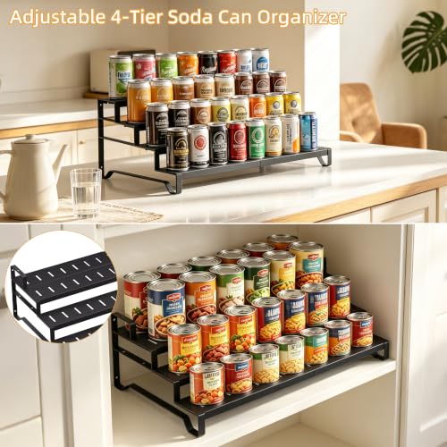 Attelite 4 Tier Expandable Can Rack Organizer for Pantry, Adjustable 13"-21" Metal Soda Can Organizer, Pantry Organization Canned Food Storage Holder for Kitchen Cabinet Countertop, Black 2Pack - size: 4tier*2pack