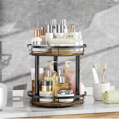 LAMU 12'' Wood Lazy Susan Spice Rack Organizer, 2 Tier Spice Organization for Cabinet, Countertop, Kitchen, Table Top, Pantry, Condiment and Seasoning Rack Organizer - size: 2 Tier 12 in