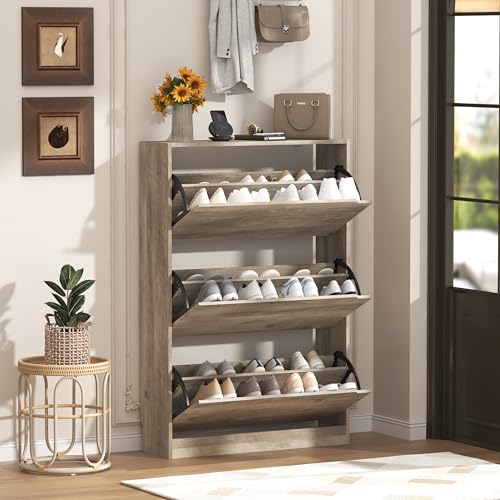Wodeer Narrow Shoe Cabinet for Entryway, Slim Shoe Storage Cabinet with 3 Flip Drawers, Hidden Wood Shoe Cabinet Storage, Freestanding Shoe Rack Organizer Foyer, Hallway, Grey - color: Grey, style: Hidden 3 Drawers