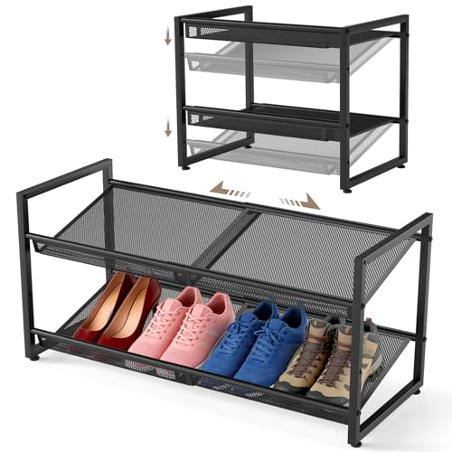 Expandable Shoe Rack, 2 Tier Adjustable Shoe Organizer with Flat & Slant Dual Use Design, Space Saving Shoes Stand for Closet & Entryway, Sturdy Dense Metal Grid Shoe Holder for High Heels, Sneakers