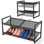 Expandable Shoe Rack, 2 Tier Adjustable Shoe Organizer with Flat & Slant Dual Use Design, Space Saving Shoes Stand for Closet & Entryway, Sturdy Dense Metal Grid Shoe Holder for High Heels, Sneakers