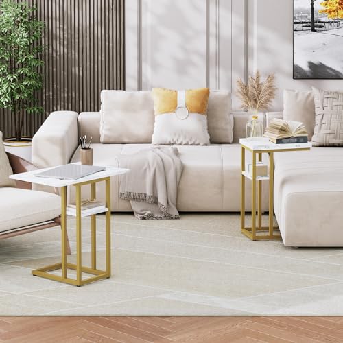 HOOBRO Foldable C Shaped End Table, C Shaped Side Table with Storage Shelf, Small Snack Table, Slide Under Couch Table for Sofa, Living Room Bedroom Small Spaces Easy Assembly, Gold DM29SF01 - color: Marble + Gold