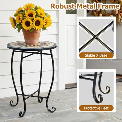 Giantex Outdoor Side Table, Bright Sunflower Mosaic Patio Accent Table, 14" Coffee End Table, Indoor Outdoor Metal Plant Stand for Porch Garden Balcony Desk, Metal Cobalt Glass Top - style: Bright Sunflower
