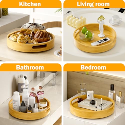 Lazy Susan Organizer Homerays 12 Inch Non-Skid Bamboo Lazy Susan for Kitchen Rotating Spice Rack with Handles, Wood Turntable for Kitchen Cabinet,Countertop (Bamboo, Medium) - size: 12" High Rim Bamboo