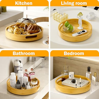 Lazy Susan Organizer Homerays 12 Inch Non-Skid Bamboo Lazy Susan for Kitchen Rotating Spice Rack with Handles, Wood Turntable for Kitchen Cabinet,Countertop (Bamboo, Medium) - size: 12" High Rim Bamboo