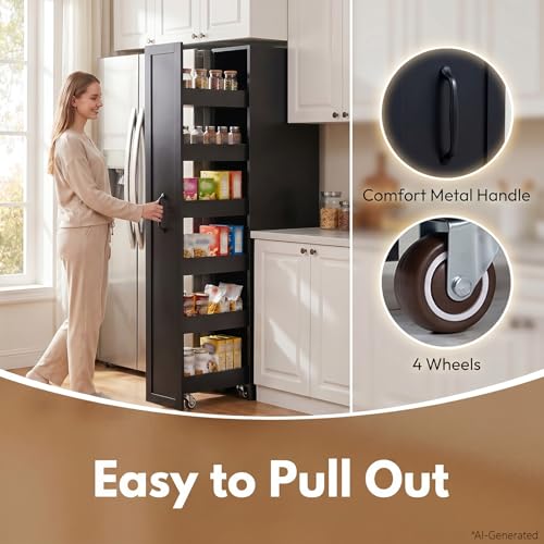 6-Tier Slim Mobile Shelving Cart with Wheels, Rolling Pantry Cabinet with 6 Baskets, Narrow Pull-Out Utility Cart, Space Saving Storage Organizer for Kitchen Living Room Bathroom Narrow Spaces, Black - size: Black & 11.81"D x 15.75"W x 70.47"H