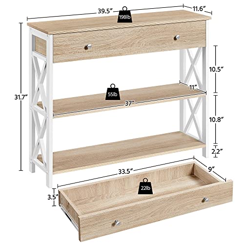 Topeakmart Sofa Console Table with 1 Drawer and 2 Open Storage, 3-Tier Hallway Table with Drawer for Living Room, Retro Console Table for Entryway, Light Oak - color: Light Oak, style: without Power Outlet