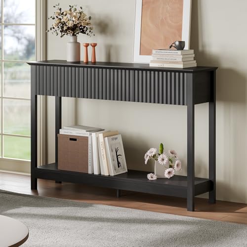 Treocho 47" Fluted Console Table with 3 Drawers and Storage Shelf | Narrow Long Entryway Table,Behind Couch Accent Tables, Entrance Foyer, Hallway, Living Room, Black - color: Black