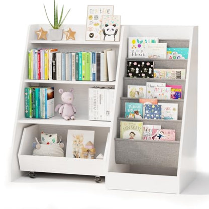 COZPAW Kids Bookshelf and Toy Storage, 4 Tier Toddler Bookshelf with Movable Drawer (White) - color: White