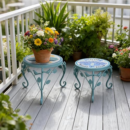Set of 2 Plant Stand for Indoor Outdoor, Heavy Duty Cast Iron with 10" Ceramic Tile Top Plant Table, Tall Vintage Decorative Plant Rack, Mosaic Flower Pot Holder for Home Garden Porch Yard Patio - color: Butterfly