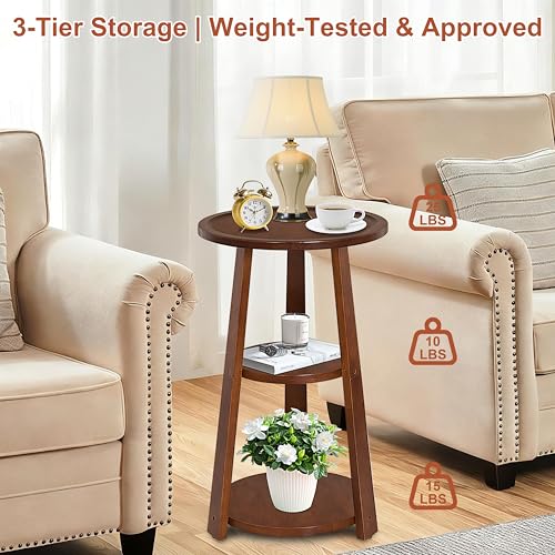 3-Tier Round Side Table, Solid Wood End Table & Nightstand for Small Spaces, Compact Accent Table for Living Room, Bedroom, Office (Red Brown Finish) - color: Red Brown