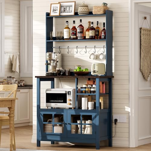 ChooChoo Farmhouse Coffee Bar Cabinet with Storage, Bakers Rack with Power Outlets, Microwave Stand Kitchen Cabinet with Hutch and 6 Hooks, Blue - color: Blue