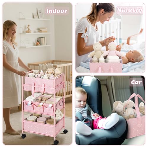 Yookeer 2in1 Baby Diaper Caddy Organizer Cart 3 Tier Large Capacity Metal Utility Bedside Rolling Cart with Divider Newborn Registry Gift Nursery Essential Must Have Bedroom Baby Shower(Pink,Star) - color: Pink, style: Star