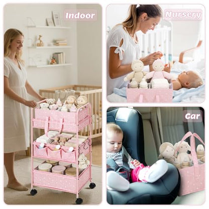 Yookeer 2in1 Baby Diaper Caddy Organizer Cart 3 Tier Large Capacity Metal Utility Bedside Rolling Cart with Divider Newborn Registry Gift Nursery Essential Must Have Bedroom Baby Shower(Pink,Star) - color: Pink, style: Star