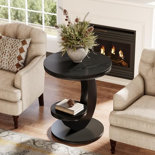 Tribesigns Round End Table Set of 2, 2 Tiers Side Table with Storage Shelf, Sofa Side Bedside Nightstand with Metal Arc-Shaped Frame for Small Spaces, Living Room, Bedroom, Black (2PCS) - color: Black