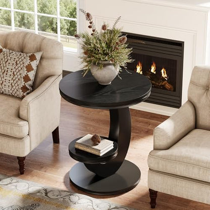 Tribesigns Round End Table Set of 2, 2 Tiers Side Table with Storage Shelf, Sofa Side Bedside Nightstand with Metal Arc-Shaped Frame for Small Spaces, Living Room, Bedroom, Black (2PCS) - color: Black