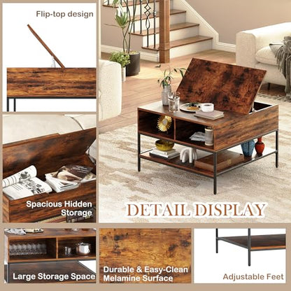 31.5" Farmhouse Coffee Table, Flip-Top Coffee Square Table with Storage Compartment, Wooden Rustic Cocktail Table for Living Room, Bedroom, Apartment, Studio, Dark Walnut - color: Dark Walnut