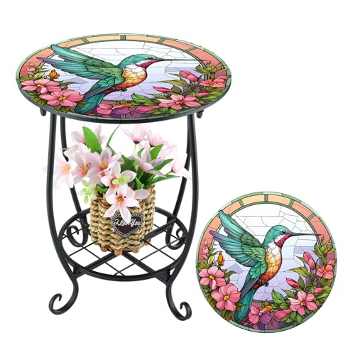 Cinnvoice Outdoor Side Table Round Small Mosaic Patio Accent Indoor End Plant Coffee Tea Table for Yard Patio Porch Garden Living Room, Bedroom(Hummingbird Style,12 Inch) - size: 12 Inch, style: Hummingbird Style
