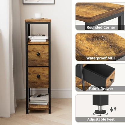 KLUVIS Narrow Nightstands Set 2 - Skinny Side Table Slim Night Stand for Small Space Bedroom Thin Bedsides Tables with 2 Drawers, Farmhouse Brown
