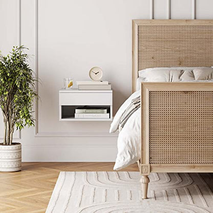 Nathan James Jackson Wall Mounted Floating Bedroom Nightstand with Storage Drawer and Modern Open Shelf Cubby, White - color: White, size: 1