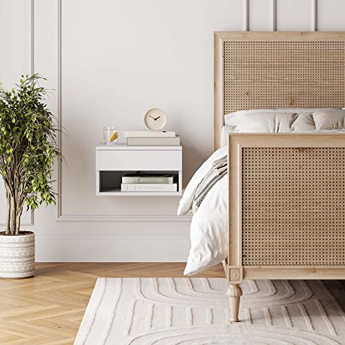 Nathan James Jackson Wall Mounted Floating Bedroom Nightstand with Storage Drawer and Modern Open Shelf Cubby, White - color: White, size: 1