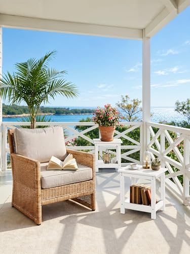 LUE BONA Small Outdoor Side Table, 2-Tier HDPE with Rail, White | Outdoor End Table with Rail for Patio, Deck, Poolside, Weather Resistant HDPE, Low Maintenance, Easy to Clean - color: White