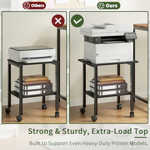 2 Tier Printer Stand with Storage, Under Desk Printer Table, Space-Saving Printer Table with Locking Wheels, Rolling Printer Cart for Home Office, Black