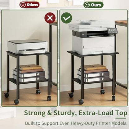2 Tier Printer Stand with Storage, Under Desk Printer Table, Space-Saving Printer Table with Locking Wheels, Rolling Printer Cart for Home Office, Black