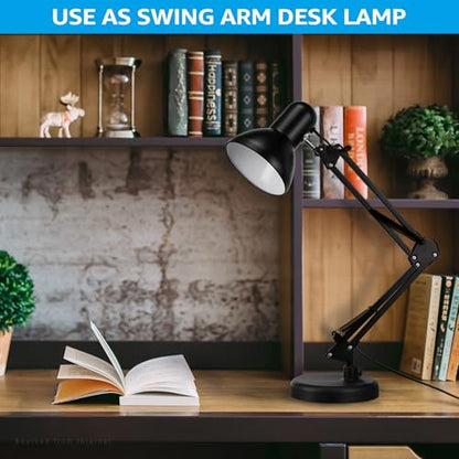 TORCHSTAR Metal Desk Lamp, Adjustable Swing Arm, E26, Black | Architect Gooseneck Multi-Joint Clip Table Lamp with Plastic Clamp, for Home Office, Work, Study, Reading, Bulbs not Included - color: Black