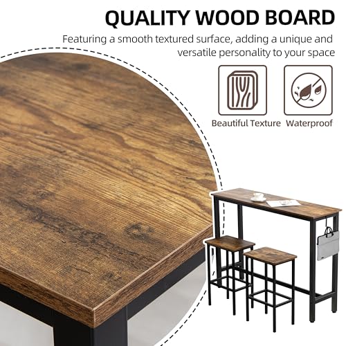 Finnhomy 52.7" Industrial Bar Table Set with 2 Stools - Counter Height Dining & Pub Table for Small Spaces, Kitchen, Apartment, Breakfast Nook - Metal & Wood, Space-Saving Furniture - Rustic Brown - color: Rustic Brown, size: 52.7" Bar Table