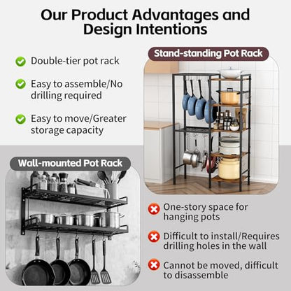 5-Tier Pot and Pan Organizer Rack with Hooks, Heavy-Duty Kitchen Storage Shelf for Cookware, Dishes, and Utensils, Freestanding Metal Pot Rack Organizer for Kitchen, Pantry, or Dining Room - size: Tall one