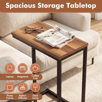 Giantex C-Shaped End Table, Set of 2 Small Sofa Couch Side Table that Slide Under with Metal Frame & Spacious Tabletop, Bedside Laptop TV Tray for Living Room Bedroom Small Spaces (Walnut) - color: Walnut