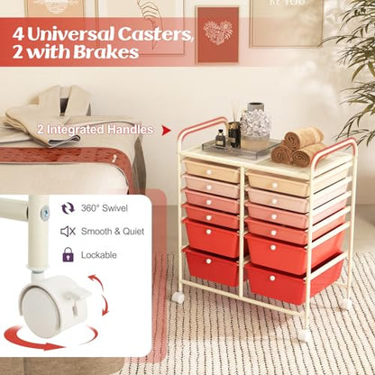 Moccha 12-Drawer Rolling Storage Cart - Utility Cart on Wheels with Lockable Casters for Craft Art Supply Paper Salon, Mobile Drawer Carts for Classroom Teacher School Office (Gradient Pink) - color: Gradient Pink, style: 12 Drawers