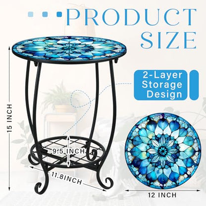 Cinnvoice Outdoor Side Table Round Small Mosaic Patio Accent Indoor End Plant Coffee Tea Table for Yard Patio Porch Garden Living Room, Bedroom(Mandala Style,12 Inch) - size: 12 Inch, style: Mandala Style