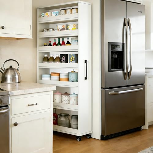 Rolling Spice Rack Next To Side Of Fridge Storage Slim Narrow Shelf Lightweight 7 Tier Wooden Storage Cart For Kitchen , Dining Room, Bathroom, Small Spaces (White, 72.4"H x 9.8"W x 21.6"D) - color: White