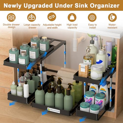 NIUXX Expandable Under Sink Organizer: 2 Tier Height Adjustable Under Cabinet Organizer - Double Pull Out Shelf Under Sink Storage for Kitchen - Bathroom and Laundry Room - Space Saving - size: 27.9"L x 15.51"W-Height adjustable
