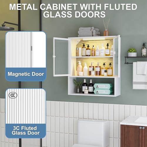 Metal Bathroom Wall Cabinet with Glass Doors | Medicine Cabinet, Wall Mounted Cabinet Over The Toilet, White Small Cupboard, 2 LED Light - style: Half Glass Door White