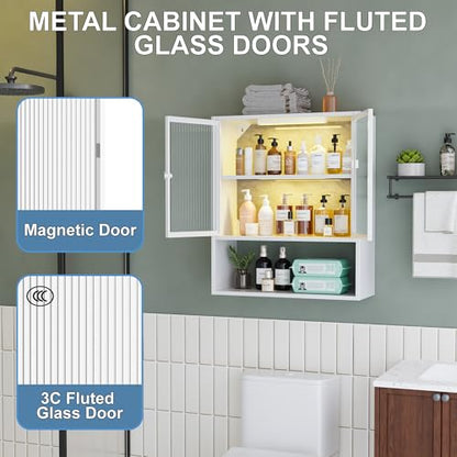 Metal Bathroom Wall Cabinet with Glass Doors | Medicine Cabinet, Wall Mounted Cabinet Over The Toilet, White Small Cupboard, 2 LED Light - style: Half Glass Door White