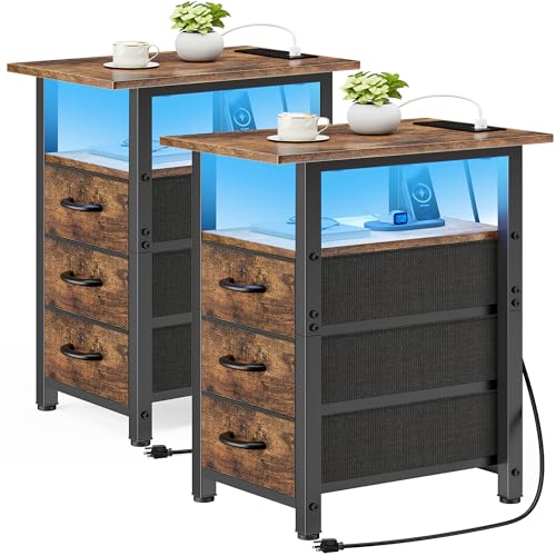 Vagusicc Set of 2 Nightstand with Charging Station and LED Lights, Narrow End Table, LED Nightstand with 3 Fabric Drawers for Bedroom, Narrow Side Table, Slim Sofa Side Table for Small Spaces, Brown - color: Rustic Brown, size: 2, style: With Power & LED