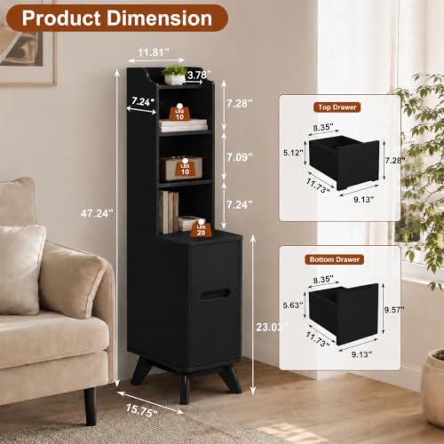 Tall Nightstand Set of 2 w/Charging Station, Narrow Nightstand w/Bookshelf | 47" Modern Side Table with 2 Drawers, Adjustable 4 Open Shelves, Wooden End Table Bedside Table for Bedroom (Black) - color: Black, size: Tall (2 drawer)