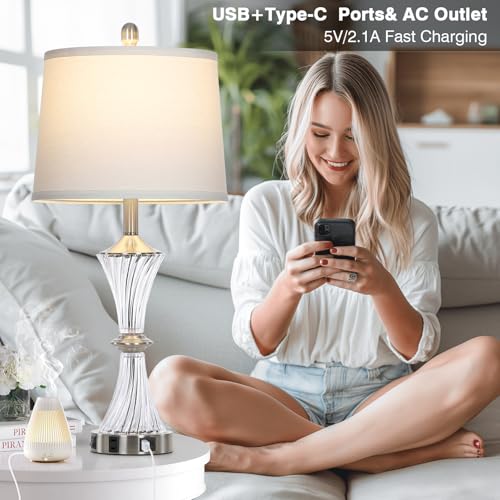 Rinweey Crystal Glass Table Lamp with USB C+A Ports & AC Outlet,White Clear Modern Bedroom Lamp,Silver Lamp for Living Room,Nightstand Lamp LED Bulbs Included,Single Silver - color: Silver-1P