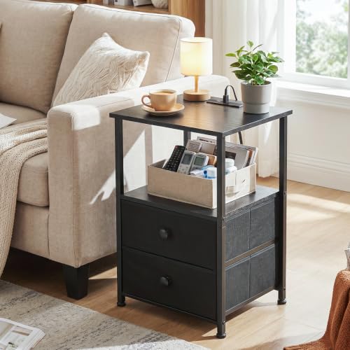 LOAKEKEL Night Stand, Nightstands Set of 2 with Charging Station | Bedside Table with 2 Fabric Drawers for Bedroom, End Tables with Storage Shelf for Small Spaces, Black - color: Black, style: Power