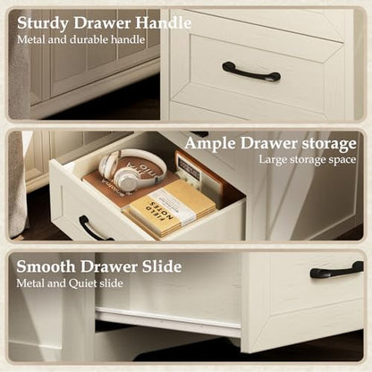 AODK Farmhouse Nightstand Set of 2, Bedside Tables with Charging Station & LED Lights, End Tables with Two Drawers and Open Storage, Rustic Bed Side Tables for Bedroom, Rustic White - color: Rustic White